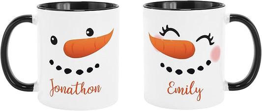 Let's Make Memories Personalized Couples Christmas Snowman Mugs - Christmas Holiday Stocking Stuffer - Set of 2-11 oz. - Black Handle