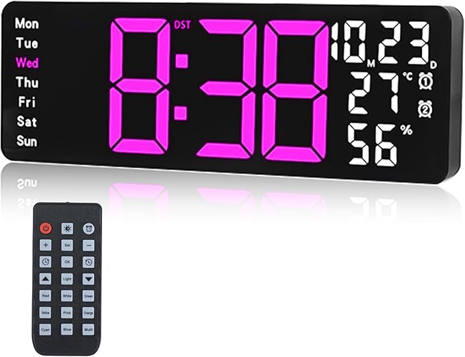 Digital Wall Clock Large Display, 17.3" Digital Clock with RGB Color Remote Control, Auto-Dimming Big Wall Clock with Night Light,Auto DST,Date Week,Temp for Home Decoration, for Elderly (Rose red)