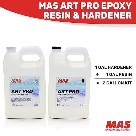 MAS Epoxies Art Pro Epoxy Clear Kit 2-Gallon (1-Gal Resin and 1-Gal Hardener) Low Viscosity and Enhanced UV Resistance, Ideal for Jewelry Making, Flower Preservation, and Other Resin Crafts