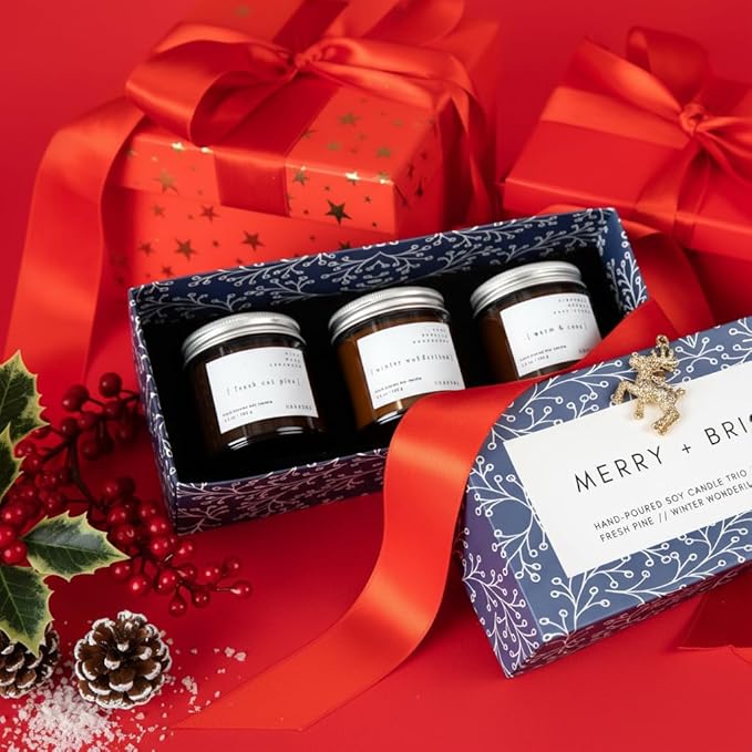 Unboxme Gifts 3-Pack Aromatherapy Scented Candle Gift Set – Hand-Poured Soy Wax Candles with Essential Oils in Reusable Glass Jars – Relaxation & Gift-Ready Candle Set – Merry + Bright Set