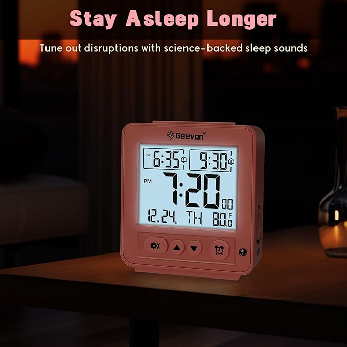 Geevon Smart Night Light Small Digital Alarm Clock with 2 Increasing Beep Alarm, Indoor Temperature, Battery Operated Travel Clock for Bedroom, Bedside, Desk(Pink)