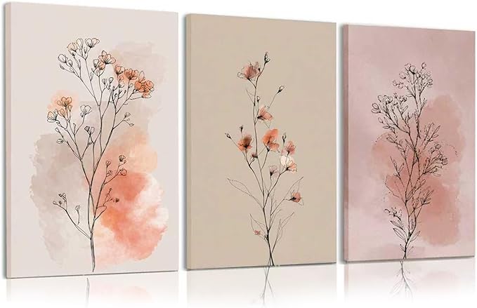 okudolit Boho Vintage Flower Wall Art Set of 3 Minimalist Floral Botanical Prints Rustic Wildflower Wall Decor Beige and Pink Neutral Plant Painting for Living Room Bedroom Office-12x16in