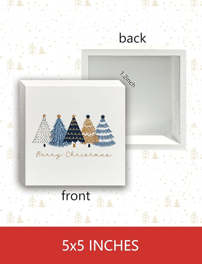Navy Blue and Gold Christmas Tree Wooden Box Sign, Preppy Christmas Desk Decor, Merry Xmas Tree Winter Holiday Wood Signs for Home Office Desk Shelf Tabletop Decor,Decorative Signage 5x5 Inch