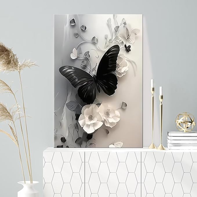 Black Butterfly with Flowers Canvas Poster Modern Minimalist Wall Art Trendy Elegant Painting Prints Vintage Nature Botanical Aesthetic Home Decor for Bedroom Living Room 24x36inch Framed