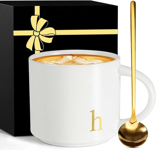 Monogrammed Ceramic Large Coffee Mug Tea Cup Brides Gifts for Her Wedding Day Bridal Shower Bachelorette Party Engaged Engagement Cute Personalized Unique Cool Special Customized Best Present,H