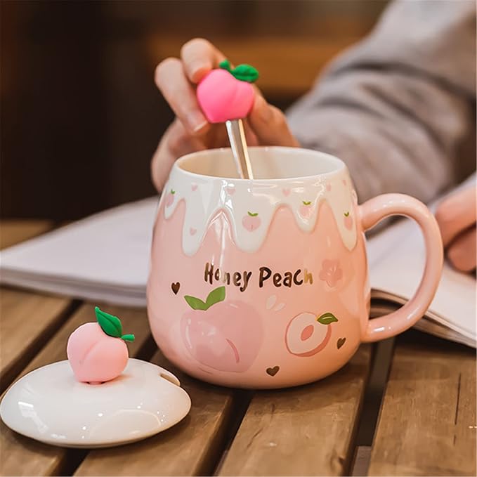 Coffee Mug Cups Ceramic Tea Cup Fruits Peach Shaped Handmade Pottery Cute Mugs With Lid Spoon Handle Office Home Hot Ice Chocolate Milk Mugs Gifts Microwave Dishwasher Safe Travel Mugs (Rose)