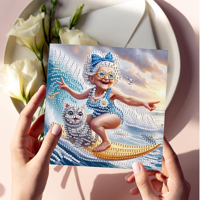 Ceitura 6Pcs DIY Diamond Art Painting Crafts Rhinestone Painting Greeting Card Making Kit Postcard for Holiday Christmas New Year Party Favors (Happy Old Lady)