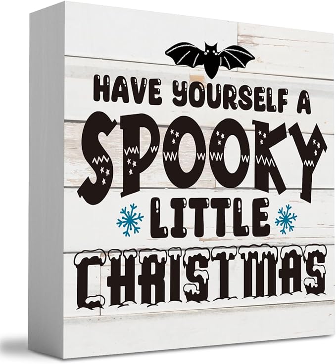Rustic Winter Have Yourself a Spooky Little Christmas Bat Wood Box Sign, Farmhouse Christmas Santa Artwork Decor, Wood Square Sign Desk Block Signs Home Shelf Office Decoration 5 x 5 Inches