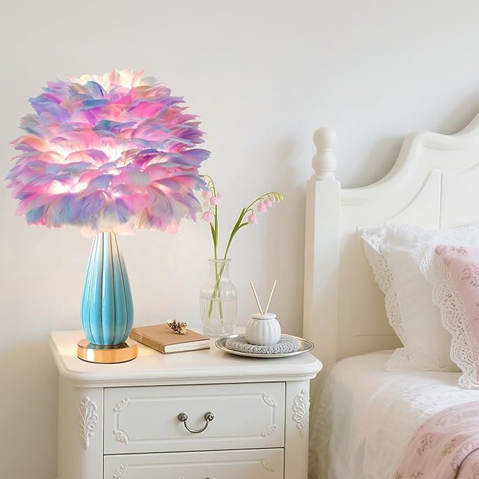 Colorful Feather Lamp Modern Furry Table Lamp Romantic Bedside Lamp Nordic Fluffy Princess Girl Nightstand Light for Bedroom Living Room Entry Office Wedding Decor Christmas Gift Prime