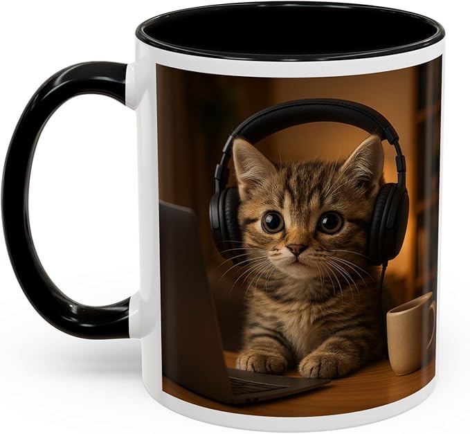 Adorable Cat Coffee Mug, Cute Kitten with Earphones, Pet Lover Gift, Tea Cup, Animal Lover Mug, Coffee Cup