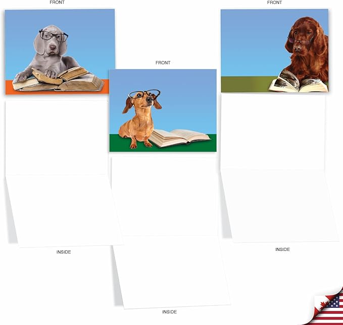 The Best Card Company - 10 Blank Dog Greeting Cards for All Occasions (4 x 5.12 Inch) - Reading Eye Dogs M3967