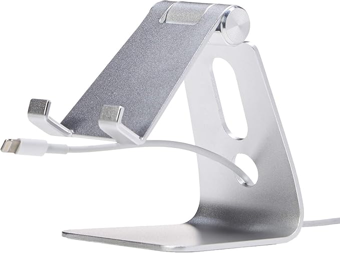 Amazon Basics Adjustable Aluminum Phone Stand for Cell Phones, iPhone and Android, 3.15 x 2.87 x 3.74 inch, Silver