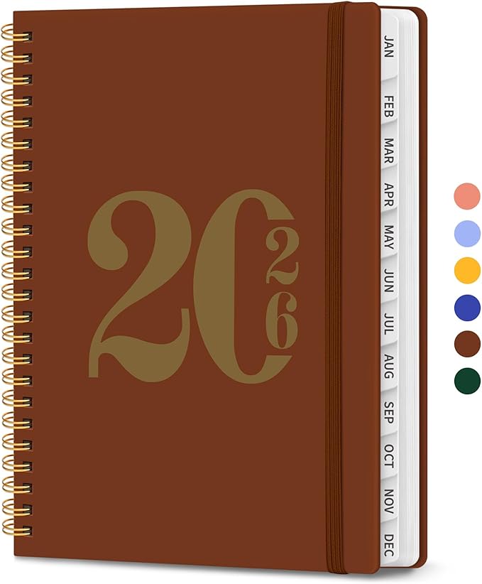 2026 Planner, Weekly and Monthly Calendar Planner for Women, Jan 2026 - Dec 2026, Hardcover Planning Agenda book with Tabs, Spiral Bound, Inner Pocket, Perfect for School Office Supplies, 6.3" x 8.5" - Rust Brown