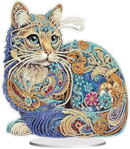 Diamond Painting Kits for Adults Beginners, 5D Full Drill Cat Crystal Art Desktop Ornament, DIY Single Sided Home Office Desk Decor, Creative Craft Gift Set with Tools by OFRKE