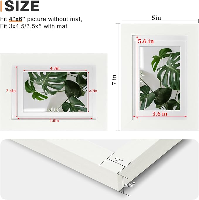 Egofine 4x6 Picture Frames 4PCS Covered by Plexiglass, for Picture 3x4.5/3.5x5 with Mat or 4x6 whitout Mat, Made of Solid Wood for Table Top Display and Wall Mounting Photo Frame, White with Texture
