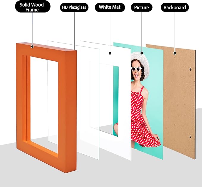 KINLINK 4x6 Frame Orange, Solid Wood 4 x 6 Picture Frame with Acrylic Plexiglass for 3.5x5 with Mat, Tabletop and Wall Display Photo Frames 4x6 Orange, 4 Pack