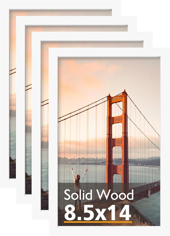 KINLINK 8.5x14 Picture Frame White, Solid Wood Frames with Acrylic Plexiglass, Tabletop and Wall Display Photo Frame, Set of 4
