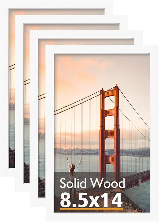 KINLINK 8.5x14 Picture Frame White, Solid Wood Frames with Acrylic Plexiglass, Tabletop and Wall Display Photo Frame, Set of 4