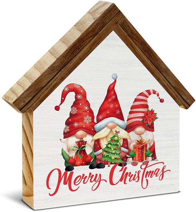 Gnome Christmas Decorations, Merry Christmas Gnomes House Shaped Wood Sign, Farmhouse Home Decor for Desk Table Shelf