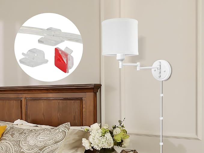 Plug in Wall Sconces with Remote Control, Dimming, Adjustable Colors 2700K-6500K, Hardwire or Plug-in, Swing Arm Wall Lamp, Wall Sconces Set of Two, White Fabric Shade, White Finish