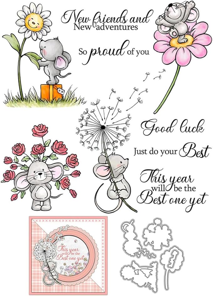 Dandelion Trunk Mouse Stamps and Cutting Dies for Card Making DIY Transparent Silicone Clear Stamp and Metal Die Cuts Sets for Scrapbooking Paper Greeting Cards Decor Seals Craft Supplies