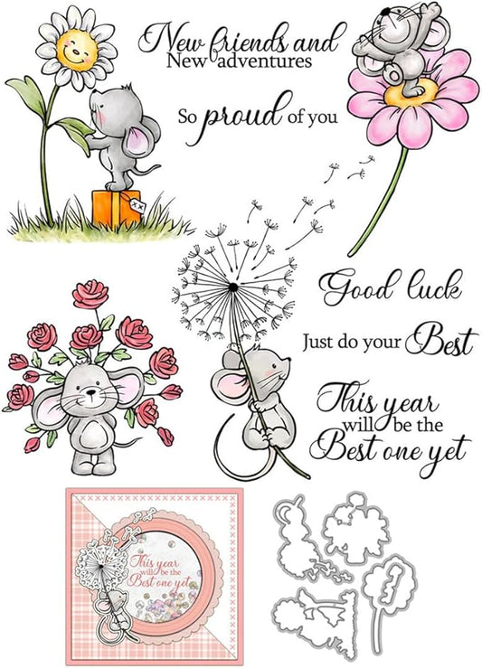 Dandelion Trunk Mouse Stamps and Cutting Dies for Card Making DIY Transparent Silicone Clear Stamp and Metal Die Cuts Sets for Scrapbooking Paper Greeting Cards Decor Seals Craft Supplies