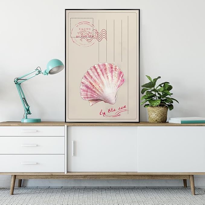 Metal Black Frame Vintage Watercolor Ocean Beach Coastal Pink Seashell Postcard Preppy Canvas Wall Art Cheos By The Sea Print Painting Poster Aesthetics Pictures Boho Decor for Living Room 20x30inch