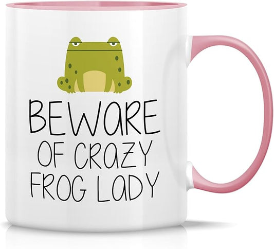 Retreez Funny Mug - Beware of Crazy Frog Lady 11 Oz Ceramic Coffee Mugs - Funny, Sarcasm, Sarcastic, Motivational, Inspirational birthday gifts - White Mug with Pink Handle and Inner