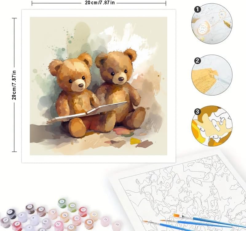 TAOPAOLAB Two Teddy Bears Reading Digital Painting Kit for Adults - DIY Bear Oil Painting on Canvas 7.87x7.87in, Framed Acrylic Paint Kit, Good for Beginners, Home Decor or Gift Artwork - Image 2