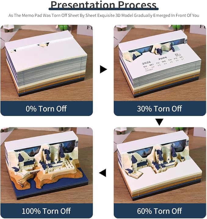 3D Time Piece Calendar 2026 3D Tear Away Art Memo Pad Notepad Desk Calendar with Light,3D Art Calendar Desktop Decoration Gift for Christmas (Castle)