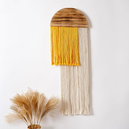 Macrame Wall Hanging, Boho Woven Tapestry, Modern Tassel Wall Decor, Handmade Wall Art Tapestry for Bedroom, Living Room, Home, Bohemian Apartment Decoration Ornament Craft (Yellow Semicircle)