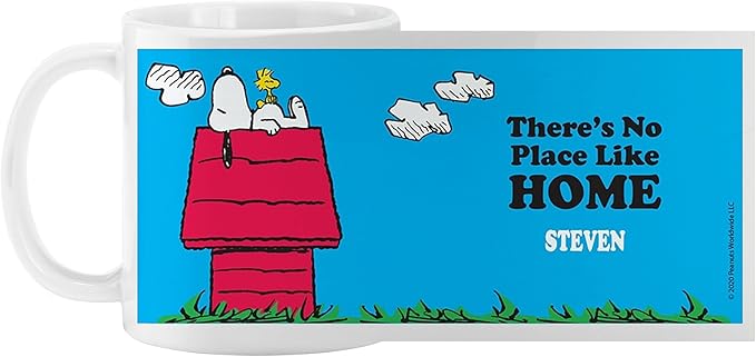 Let's Make Memories Personalized Mug - PEANUTS Character Collection - Christmas Holiday Stocking Stuffer - Microwave and Dishwasher Safe - Snoopy and Woodstock - No Place Like Home - 11 oz.
