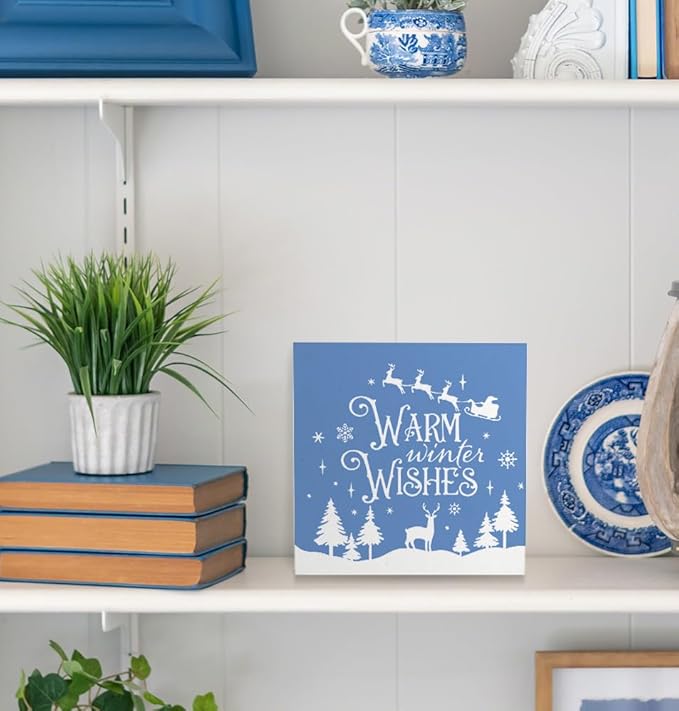 Warm Winter Wishes Christmas Wooden Box Sign,Christmas Desk Decor,Farmhouse Christmas Trees Santa Reindeer Xmas Wood Signs for Home Office Table Shelf Decoration,Winter Sign,5x5 Inch(blue)