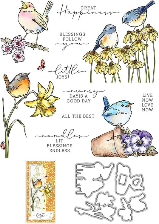 Flowers Birds Stamps and Cutting Dies for Card Making DIY Transparent Silicone Clear Stamp and Metal Die Cuts Sets for Scrapbooking Paper Greeting Cards Decor Seals Craft Supplies