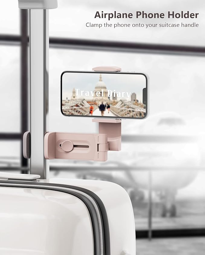 MiiKARE Travel Essentials Airplane Phone Holder, Universal Handsfree Phone Mount for Flying with 360 Degree Rotation, Travel Must Haves Phone Stand for Desk, Tray Table, Pink