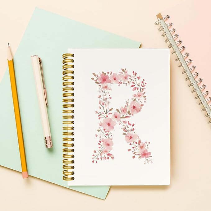 Pink Cute Spiral Notebook Journal, Preppy Floral Initial Letter R Personalized Journaling Notebooks, Monogrammed Gifts for Women Girls, Botanical Hardcover Spiral Lined Notebook 5.5 x 8.3