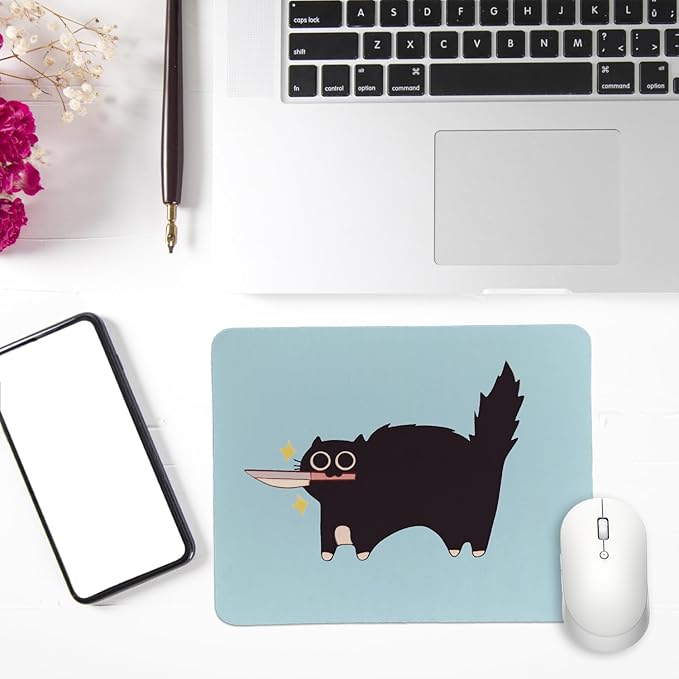 Rusenbao Funny Cat Mouse Pad, Cute Small Mouse Pads for Desk, Black Cat Gifts for Women, Non-Slip Rubber Base Mouse Pads for Wireless Mouse, Computers, Laptop, Office, 9.5x7.9 Inch