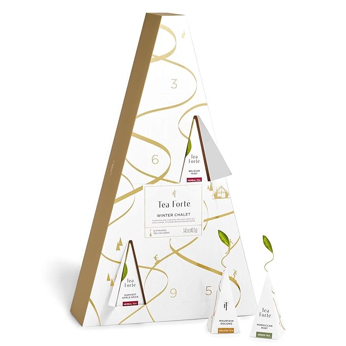 Tea Forte Tea Advent Calendar Gift Set; 12 Individually Wrapped Handcrafted Assorted Pyramid Infuser Tea Bags with Numbered Doors, Winter Chalet