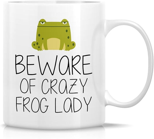Retreez Funny Mug - Beware of Crazy Frog Lady 11 Oz Ceramic Coffee Mugs - Funny, Sarcasm, Sarcastic, Motivational, Inspirational birthday gifts for friends, coworkers, siblings, sister, girlfriend.