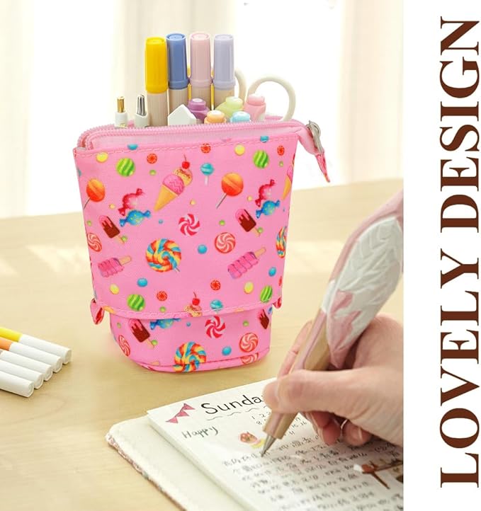 KPX Cute Standing Pencil Case Pen Holder for Kids, Pop Up Stand UP Bubble Tea Pen Organizer Kawaii Stationary for Christmas Holiday New Year Office (Candy)