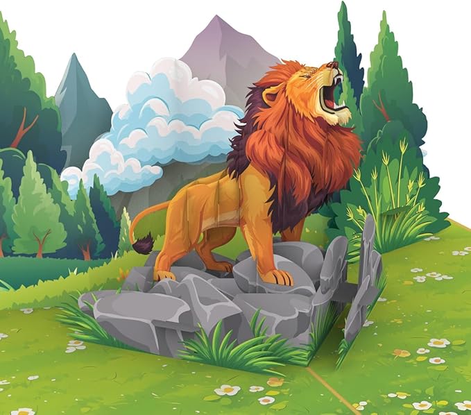 iGifts And Cards Roar-some 3D Pop-Up Lion Card – Majestic Safari Jungle Scene | Fierce Fun Wildlife Greeting for Birthdays Graduations Thank You Encouragement Animal Lovers 6x8 with Notecard