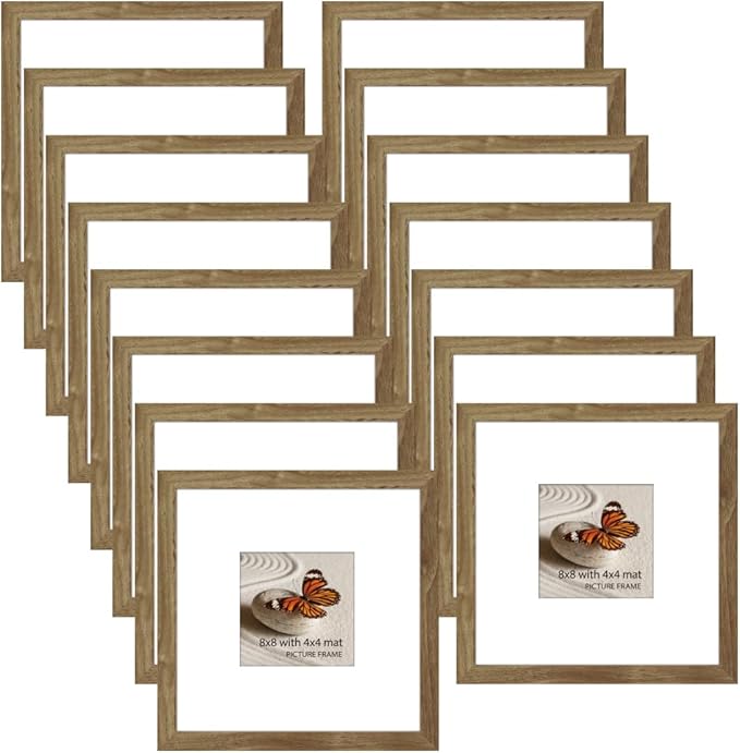 Memory Island 8x8 with 4x4 Photo Frames for Wall and Tabletop Display, 8 by 8 Walnut Wood Picture Frames with HD Plexiglass, Set of 15