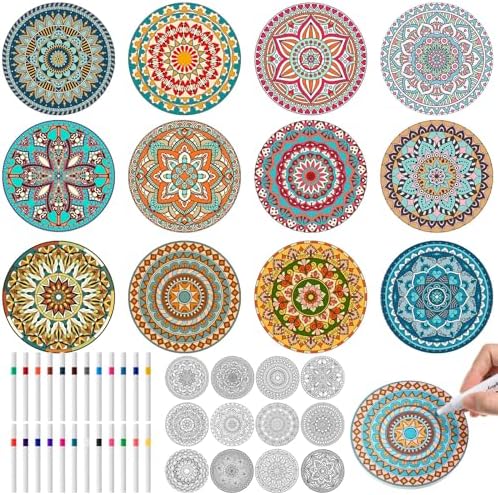 Potchen 12 Pcs Color Your Own Coaster DIY Kits,Dark Mandala by Potchen