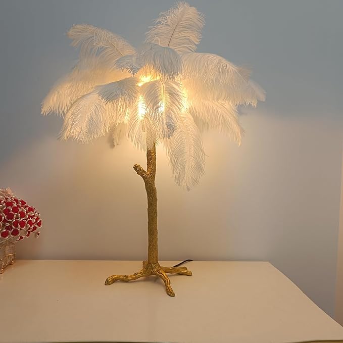 Chic White Feather Lamp Ostrich Feather Table Lamp Europe Bedside Fuzzy Lamp for Girl Romantic Wedding Gift Fluffy Desk Light G4*3 Bulb for Living Room Bedroom Entrytable Office Christmas