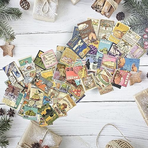 Prstincol 100 Pcs Scrapbooking Stickers,Food Stickers for Scrapbooking,Vintage Stamp Sticker for Journaling,Retro Poster Sticker for Water Bottle Laptop Phones Bullet Journal - Image 3
