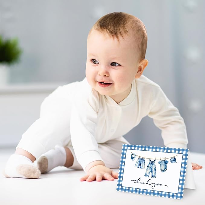 Whaline 24 Pack Blue Jean Baby Shower Thank You Cards Greeting Cards Blank Note Card with Envelopes Stickers for Birthday Gender Reveal, 4 x 6 Inch