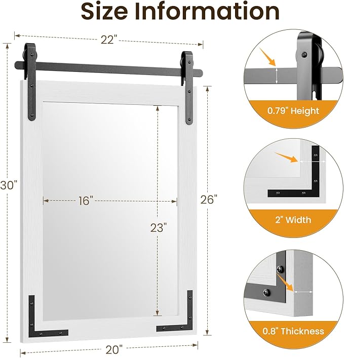 22x30 Inch White Farmhouse Barn Door Mirror with Solid Wood Frame, Shatterproof Glass, No Assembly Required – Perfect for Farmhouse Style Decor