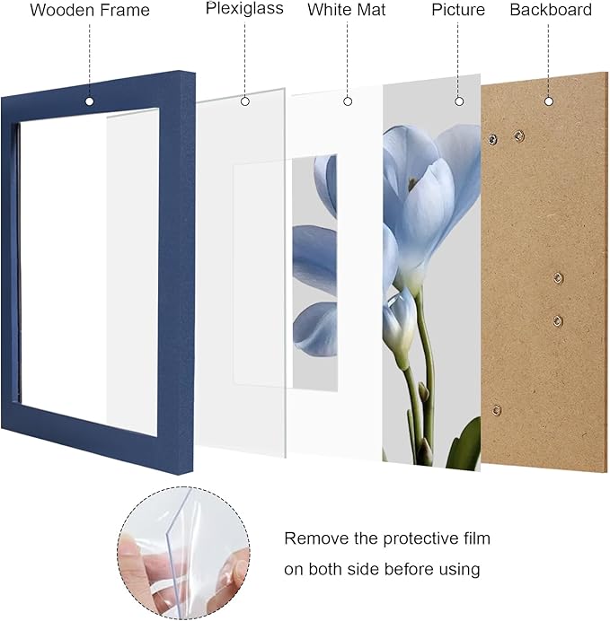 8x10 Picture Frame Set of 9, Display Pictures 5x7 with Mat or 8 x 10 Without Mat, Multi Photo Frames for Wall Mounting or Table Top Display, Blue