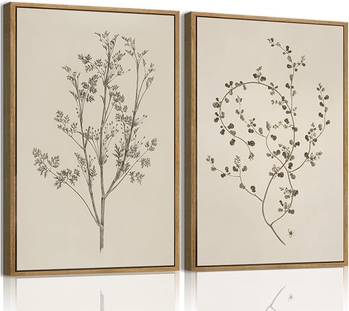 YOYIAXT 2 Pieces Farmhouse Botanical Canvas Wall Art For Bedroom Cottagecore Country Minimalist Neutral Antique Rustic Framed Art Print Artwork For Office Living Room, 12x16 in
