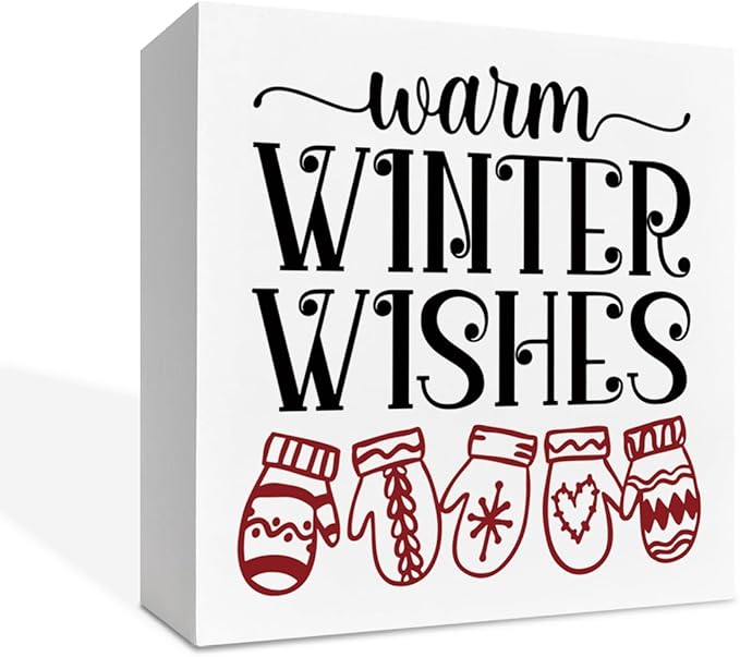 Christmas Wooden Desk Decor Sign, Warm Winter Wishes Wooden Box Sign, Winter Tabletop Home Plaque with Mittens Design, Holiday Farmhouse Decoration for Living Room Bedroom Office 5x5 Inches